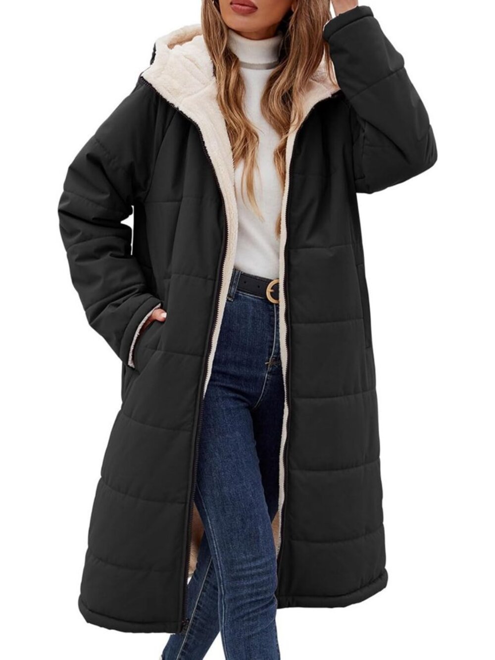 Cozy Sherpa Fleece Lined Puffer Jacket with Hood - Women's Winter Coat